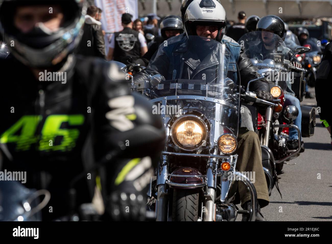 Moscow, Russia. 13th May, 2023. A participant in the Moscow Motorcycle Festival marking the opening of a new motorcycle season in Moscow, Russia Stock Photo