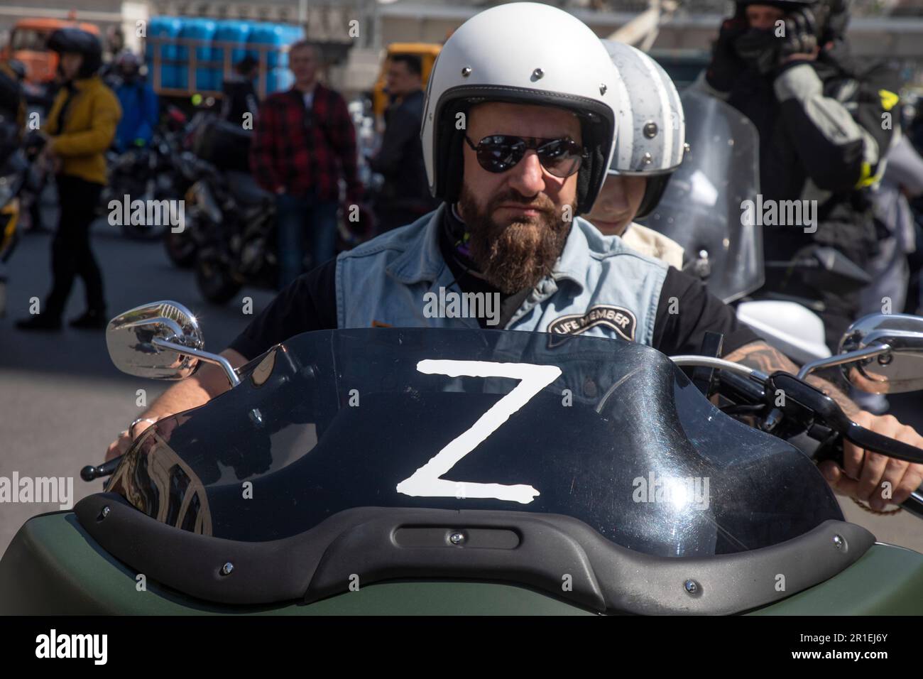 Moscow, Russia. 13th May, 2023. A participant in the Moscow Motorcycle Festival marking the opening of a new motorcycle season in Moscow, Russia Stock Photo