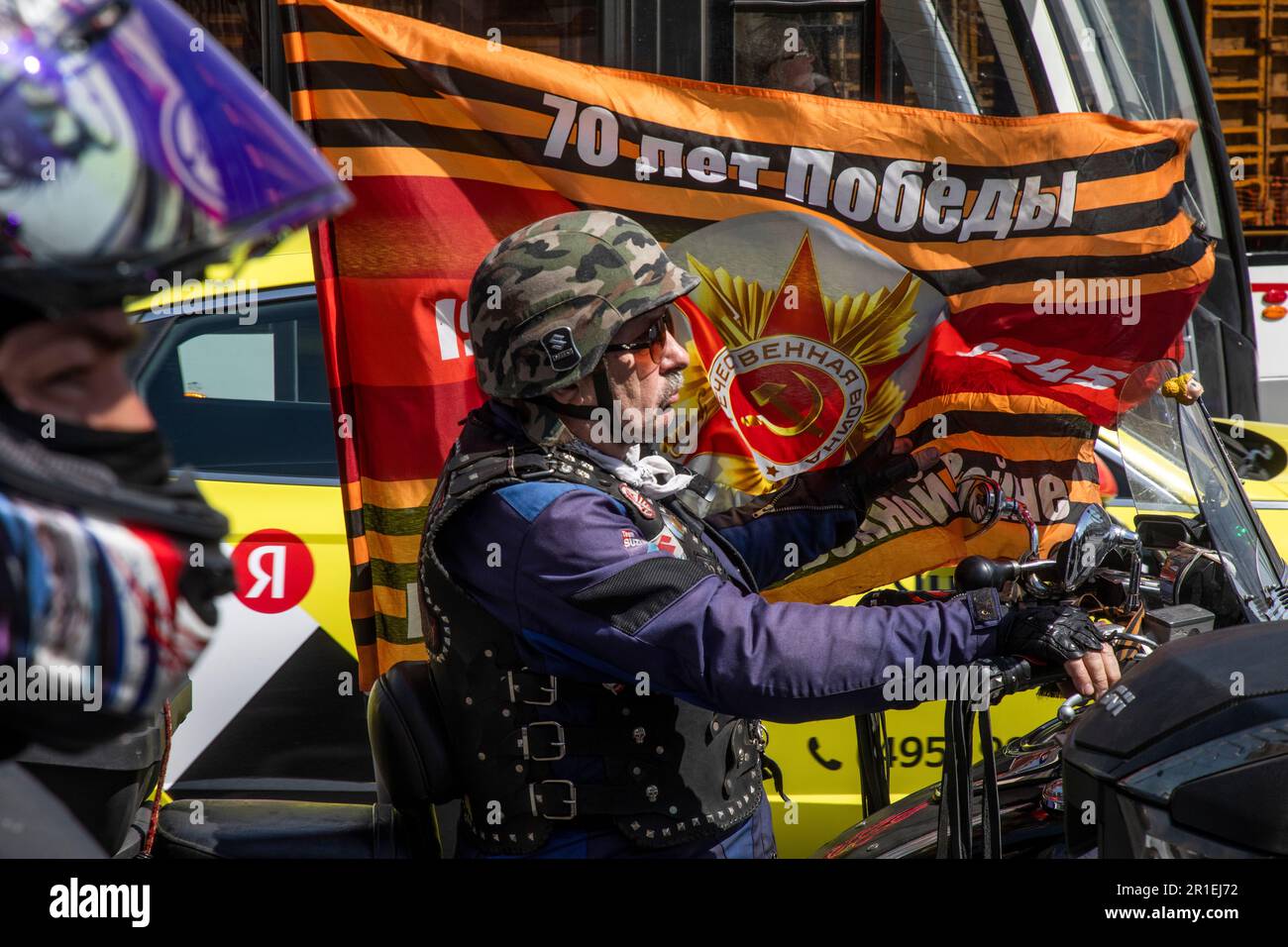 Moscow, Russia. 13th May, 2023. A participant in the Moscow Motorcycle Festival marking the opening of a new motorcycle season in Moscow, Russia Stock Photo