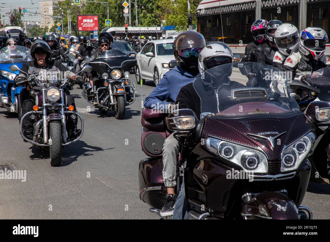 Moscow, Russia. 13th May, 2023. A participant in the Moscow Motorcycle Festival marking the opening of a new motorcycle season in Moscow, Russia Stock Photo