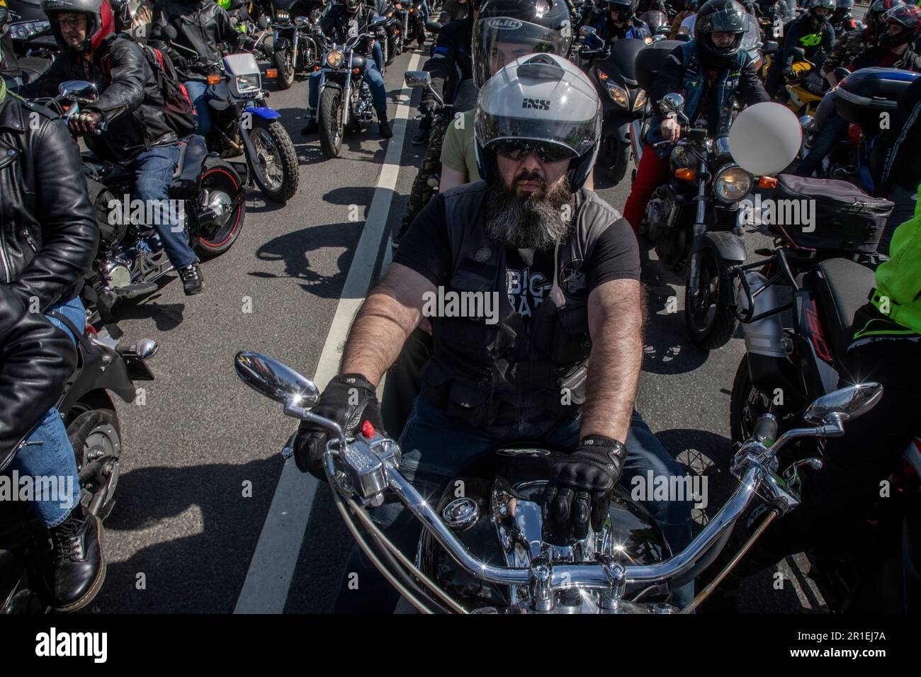 Moscow, Russia. 13th May, 2023. Russian motorbikers ride during the parade marking the opening of the motorbike season in central Moscow, Russia Stock Photo