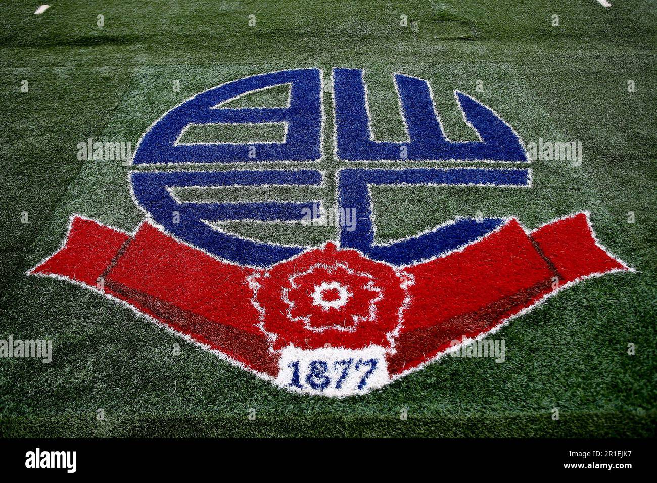 Bolton, UK. 13th May, 2023. A General view of the Bolton Wanderers club crest on the grass inside the stadium. EFL Skybet football league one play off semi final, 1st leg match, Bolton Wanderers v Barnsley at the University of Bolton stadium in Bolton, Lancs on Saturday 13th May 2023. this image may only be used for Editorial purposes. Editorial use only, pic by Chris Stading/Andrew Orchard sports photography/Alamy Live news Credit: Andrew Orchard sports photography/Alamy Live News Stock Photo