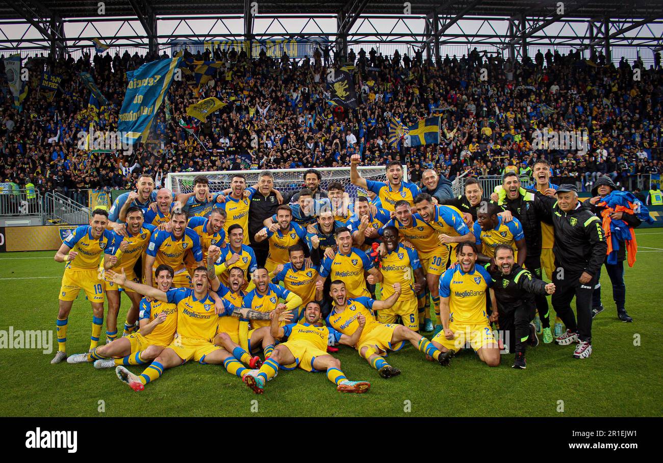 Frosinone, Italy, 13 May 2023, Celebrations Frosinone Calcio victory in the Serie B championship in the background the Curva Nord sector of the Benito Stirpe Stadium, Francesco Paris/Alamy Live News Stock Photo