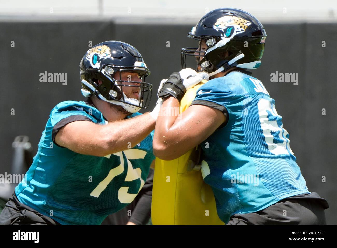 Jacksonville Jaguars guard Cooper Hodges (75) goes against Jacksonville  Jaguars guard Samuel Jackson, right, in a drill during the NFL football  team's rookie camp, Saturday, May 13, 2023, in Jacksonville, Fla. (AP