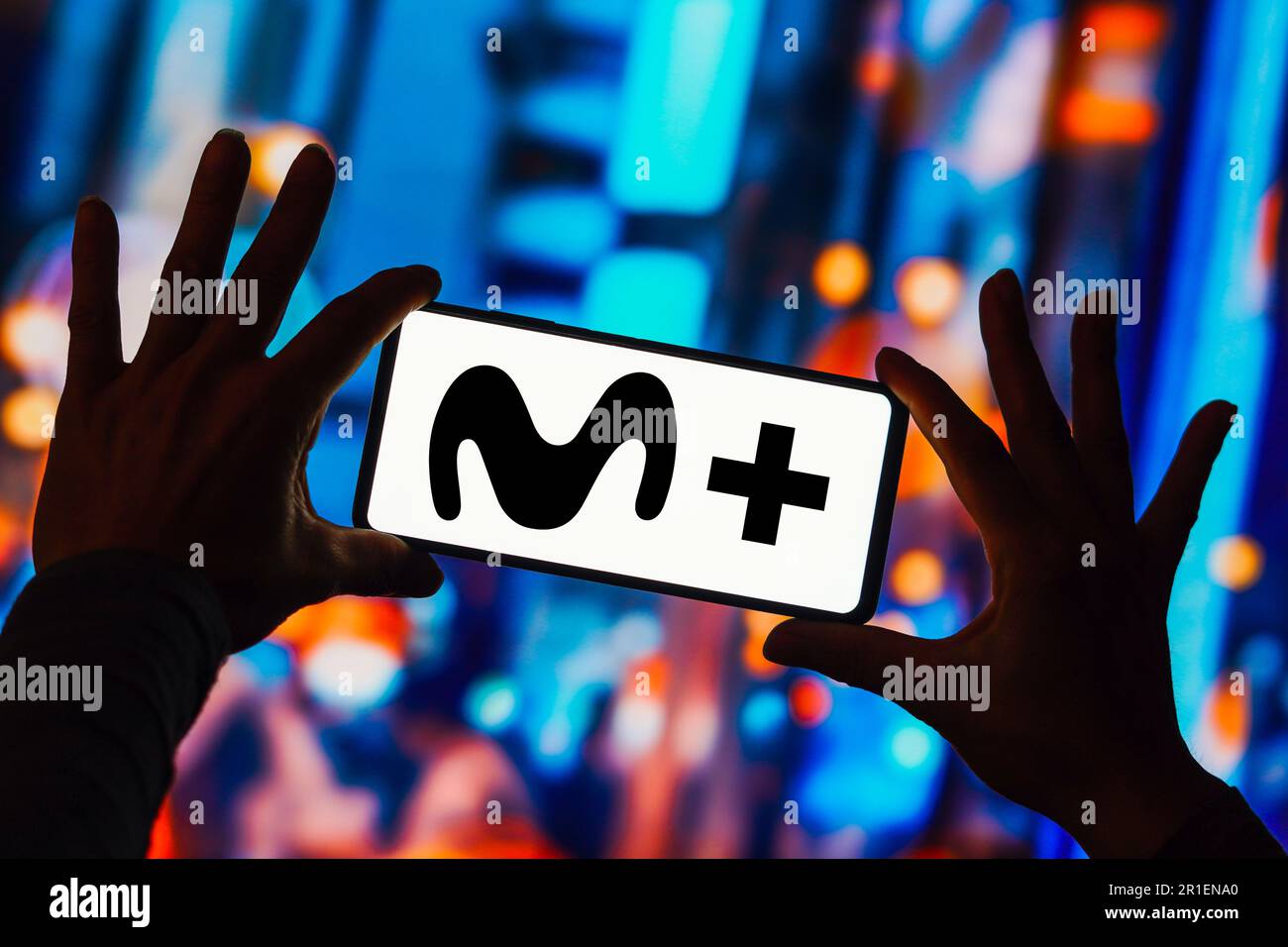 In this photo illustration, the Movistar Plus logo is displayed on a smartphone screen. Stock Photo