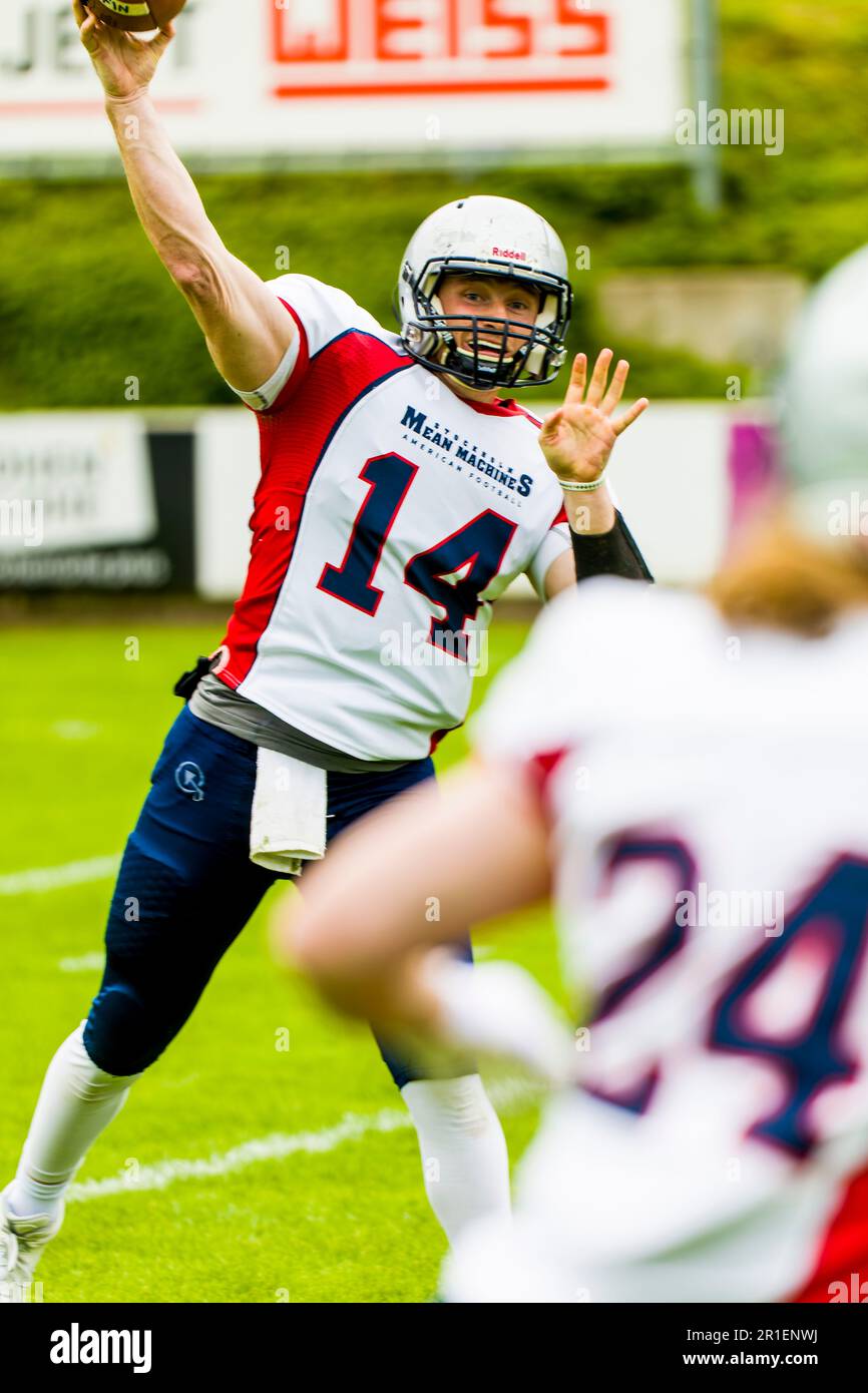 Shwaebisch Hall, Germany. 13th May, 2023. CEFL: Schwäbisch Hall Unicorns v Stockholm Mean Machines. Stockholm Mean Machines - QB # 14 Mark Pappas Credit: Frank Baumert/Alamy Live News Stock Photo