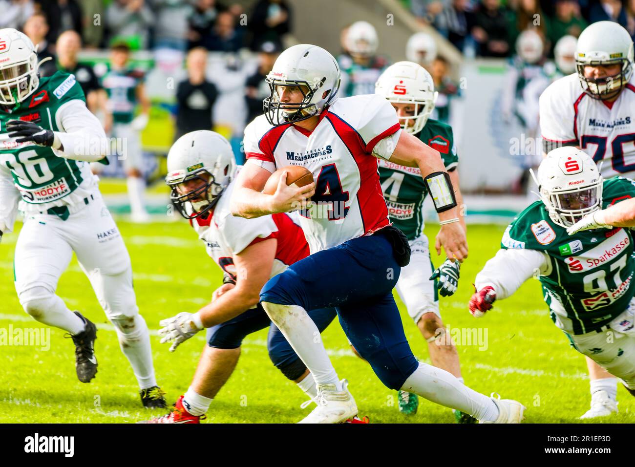 Shwaebisch Hall, Germany. 13th May, 2023. CEFL: Schwäbisch Hall Unicorns v Stockholm Mean Machines. QB # 14 Mark Pappas/Stockholm Mean Machines Credit: Frank Baumert/Alamy Live News Stock Photo