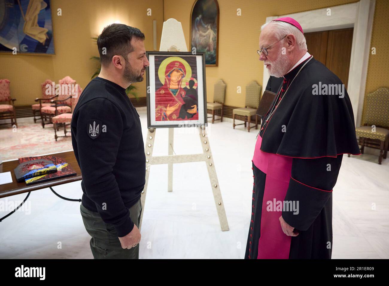 Rome, Italy. 13th May, 2023. Ukrainian President Volodymyr Zelenskyy, left, speaks with Archbishop Paul Richard Gallagher, right, before meeting with Pope Francis during a visit to the Vatican, May 13, 2023 in Rome, Italy. Credit: Pool Photo/Ukrainian Presidential Press Office/Alamy Live News Stock Photo