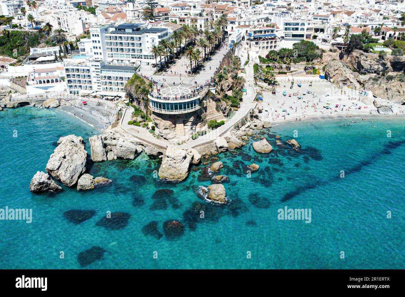 Aerial picture of Balcon de Europa in Nerja, Spain during a sunny and warm day Stock Photo