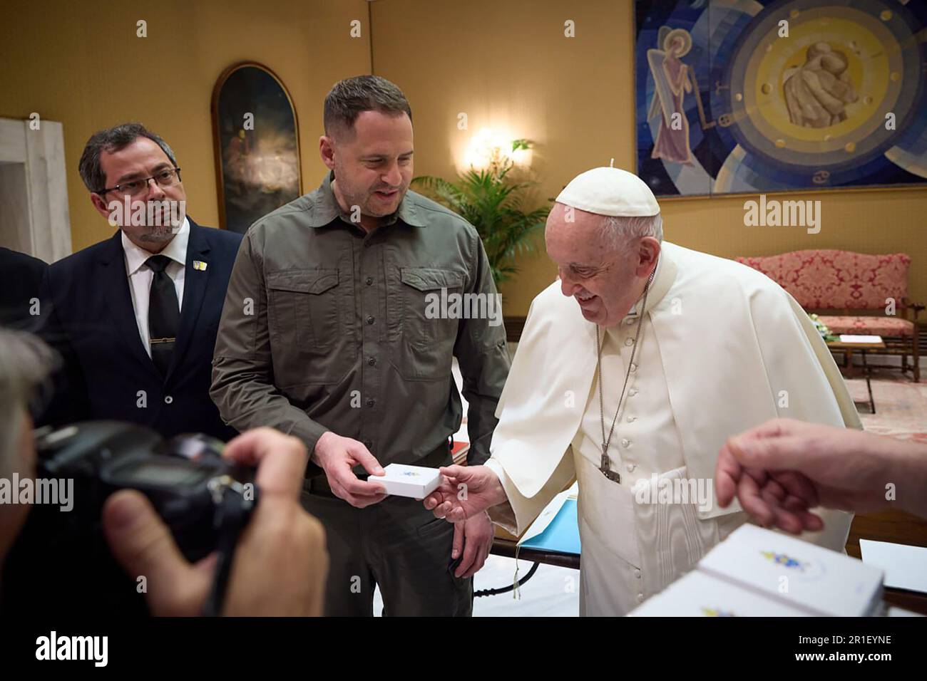 Vatican, Vatican City. 13th May, 2023. Pope Francis meets with Ukrainian head of the Office of the Head of State Andriy Yermak at the Studio of Paul VI Hall on May 13, 2023 in Vatican City, Vatican. Photo by Ukrainian President Press Office/UPI. Credit: UPI/Alamy Live News Stock Photo