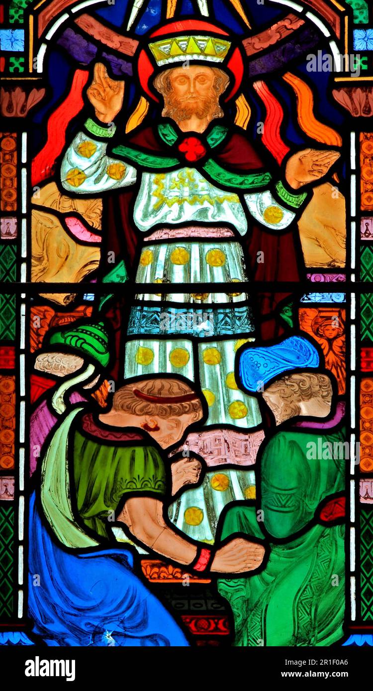 Judgement of Solomon, Bible character, Biblical, stained glass, by Frederick Preedy, 1861, Snettisham church, Norfolk, England, UK Stock Photo
