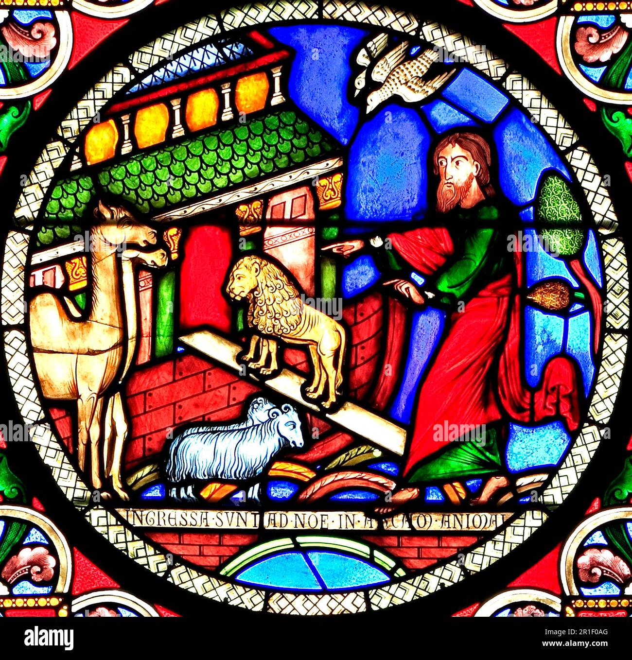 Noah and The Ark, animals entering ark, two by two, lions, sheep, camels, stained glass window by Alfred Gerente, 1849, Ely Cathedral, Cambridgeshire Stock Photo