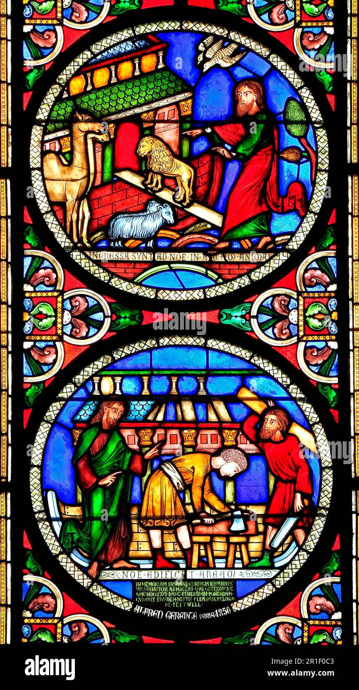 Stained Glass window, Noah's Ark, building the Ark, animals going in two by two, by Alfred Gerente of Paris, 1849 Stock Photo
