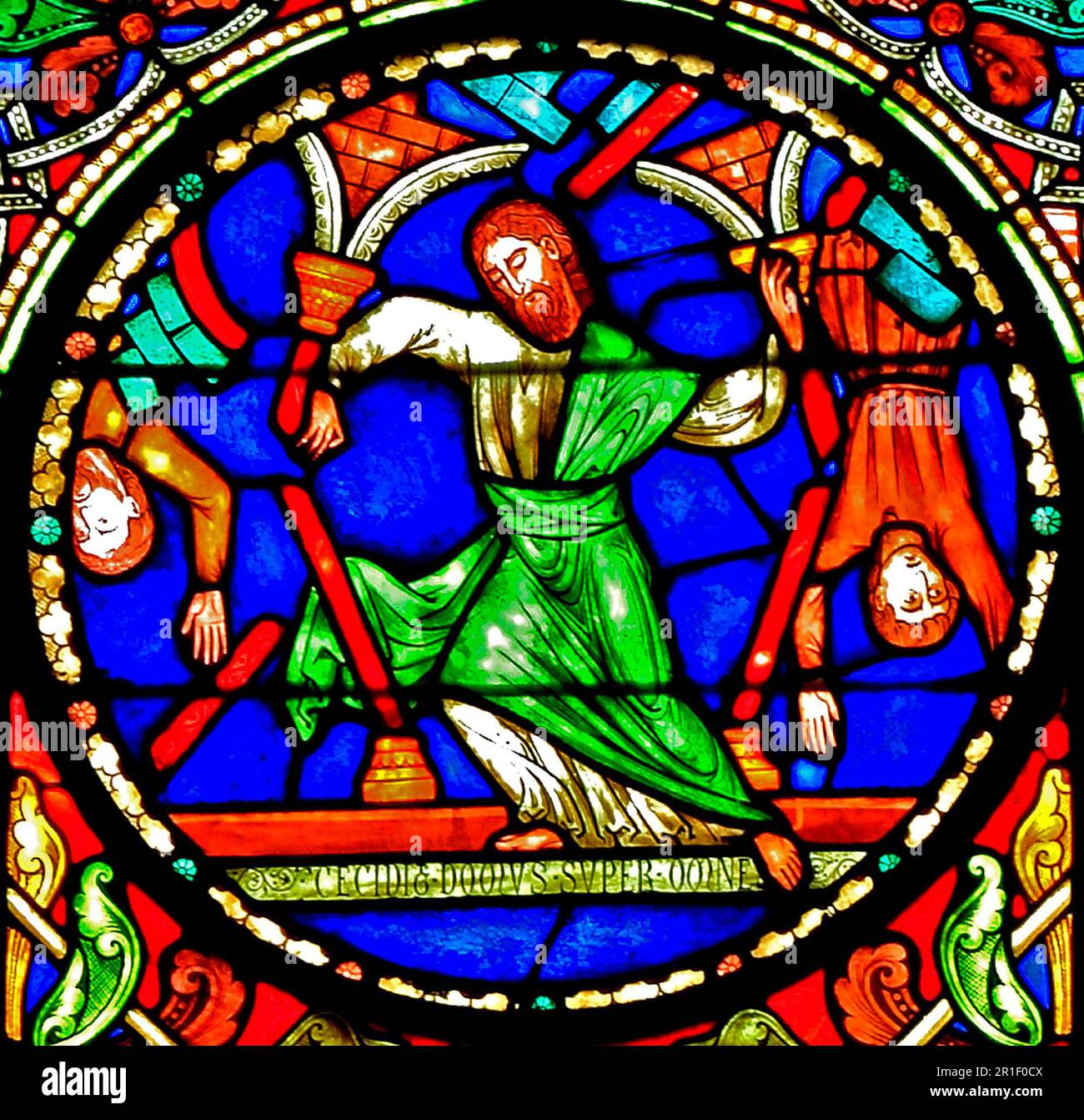 Stained Glass window, Story of Samson, pushing down the pillars of Dagon, to destroy the Philistines, by Alfred Gerente, 1851, Ely Cathedral Stock Photo