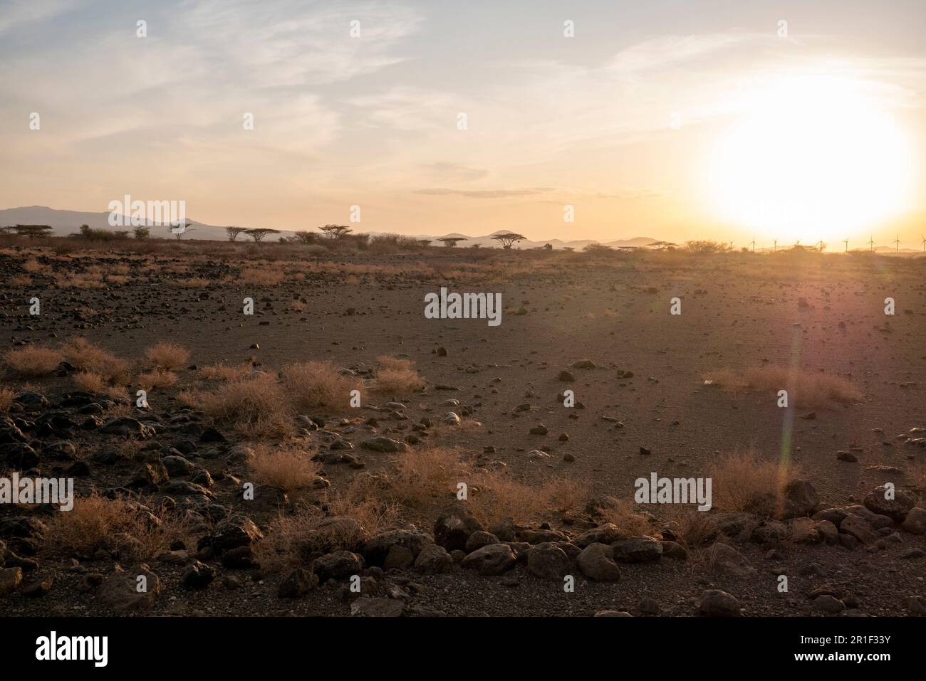 Sun sets over the remote Chalbi desert in north-eastern Kenya Stock Photo