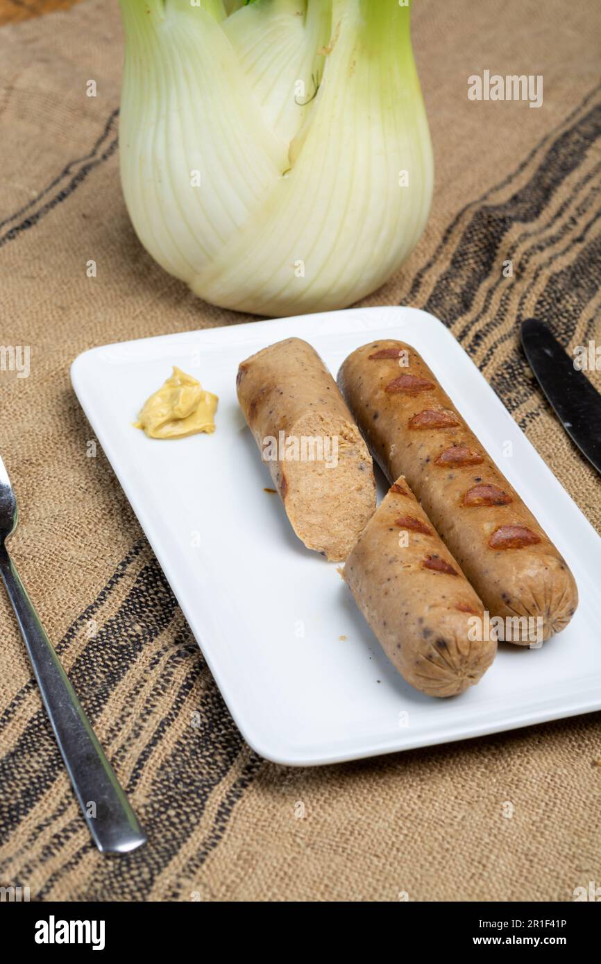 Tasty grilled vegan sausages made from vegetarian plant based soya beans imitation meat healthy