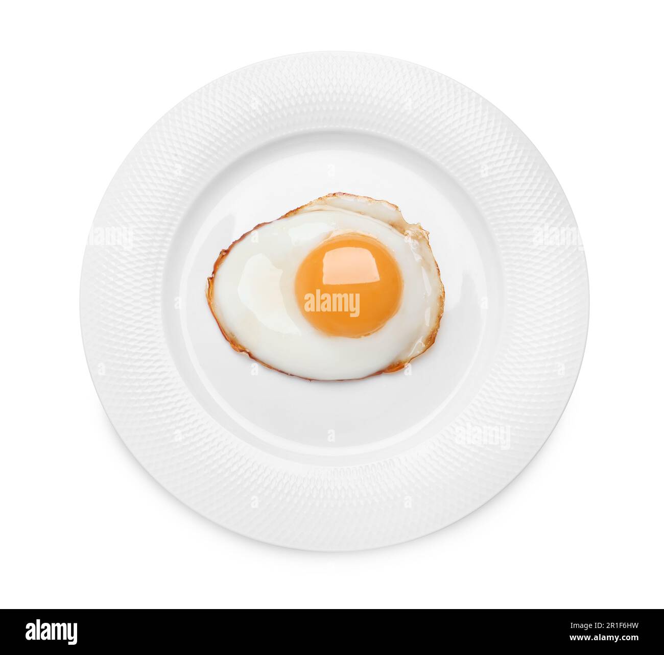 Plate with delicious fried egg isolated on white, top view Stock Photo ...