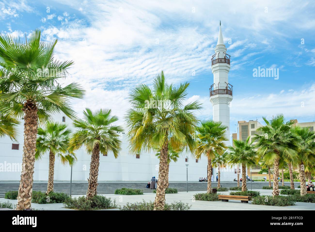 White Jaffali mosque with palms in foreground, Jeddah, Saudi Arabia Stock Photo