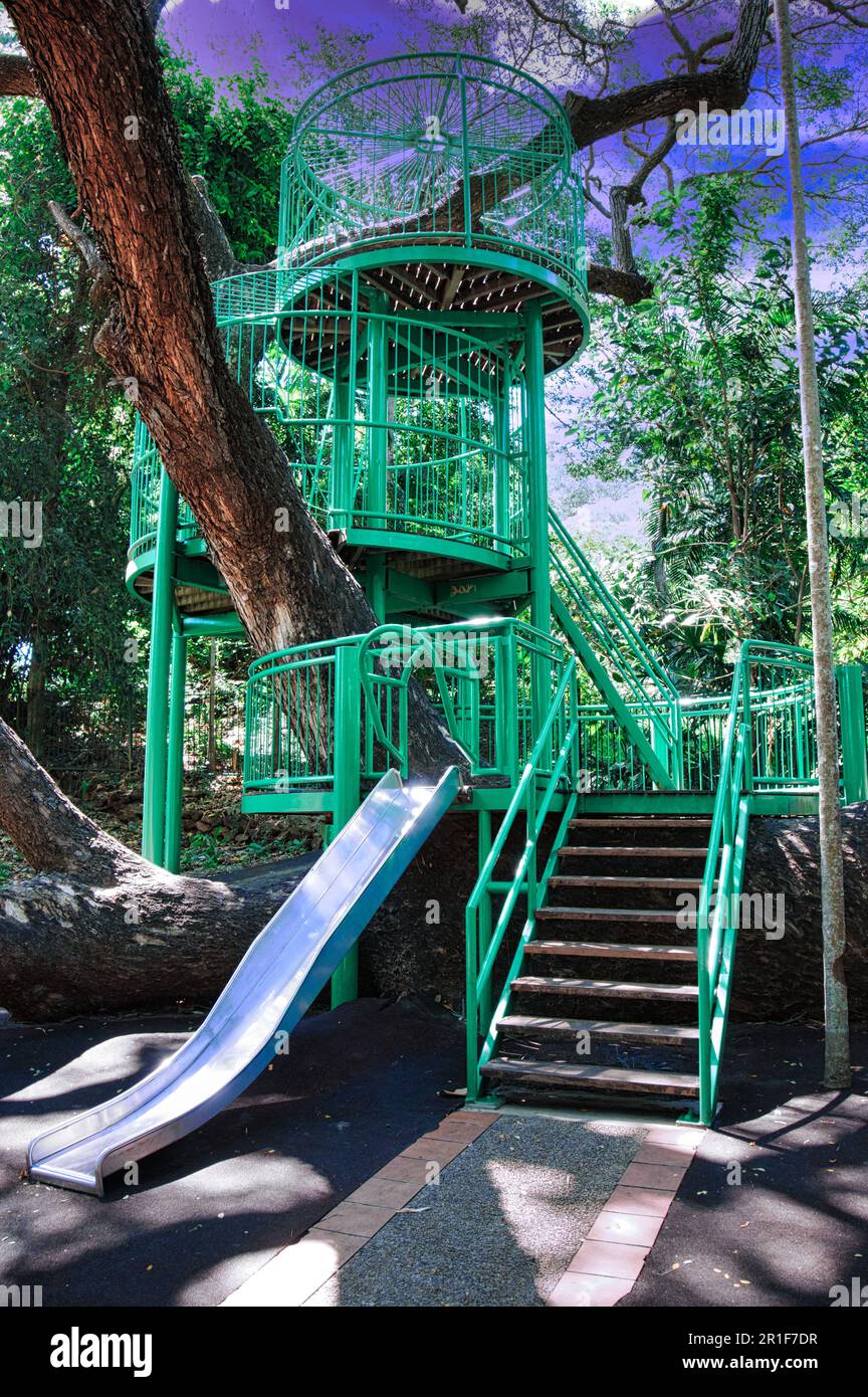 green-colored multi-level children's playground equipment built around existing trees Stock Photo