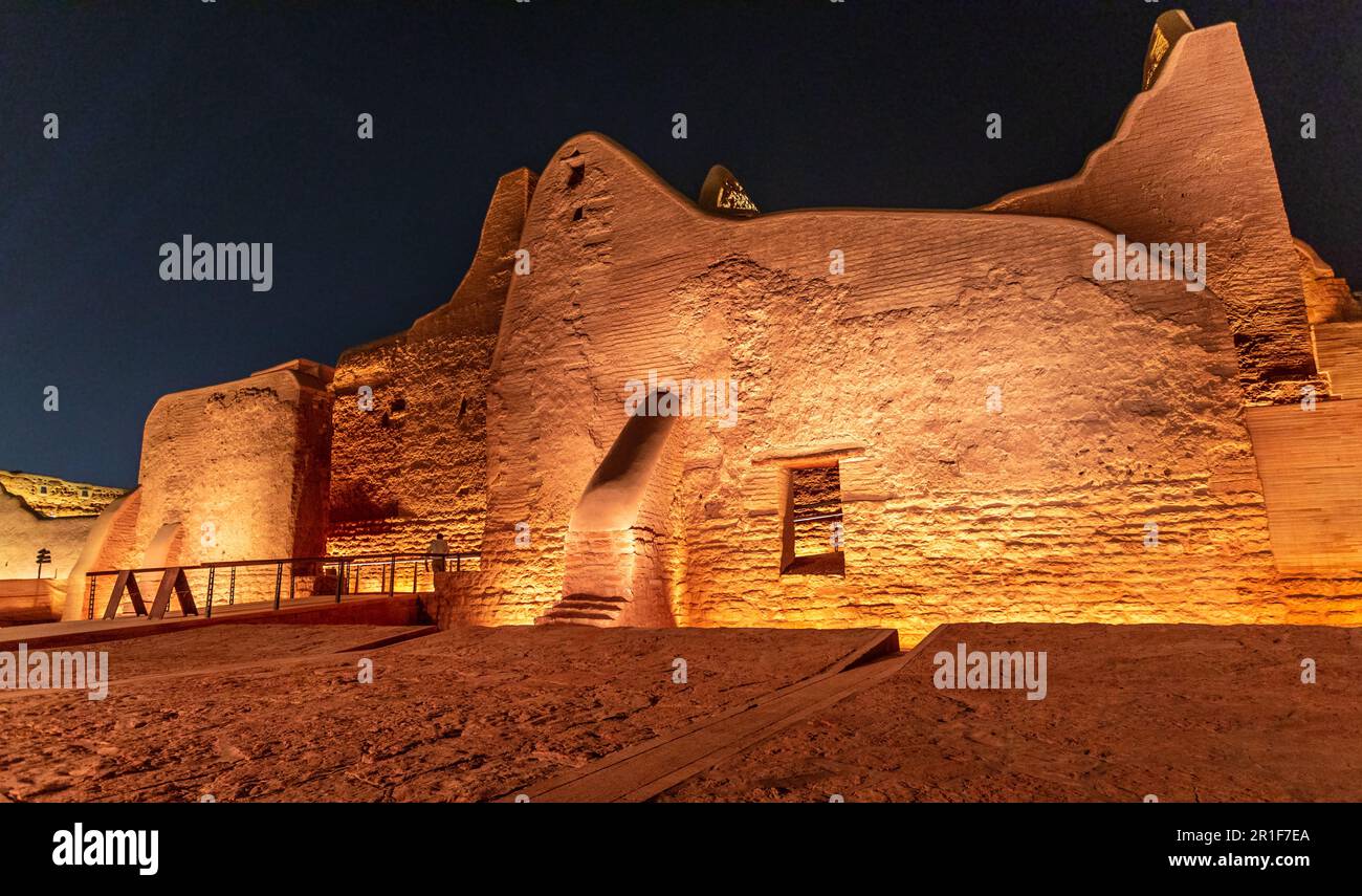 Diriyah old town walls illuminated at night, Riyadh, Saudi Arabia Stock Photo