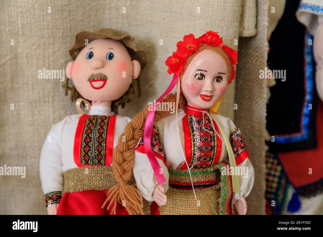 Eastern Europe,Ukraine, Kiev, Kyiv. Dolls dressed in traditional costumes of the region. Village of Olkhovchyk outside the city. Stock Photo