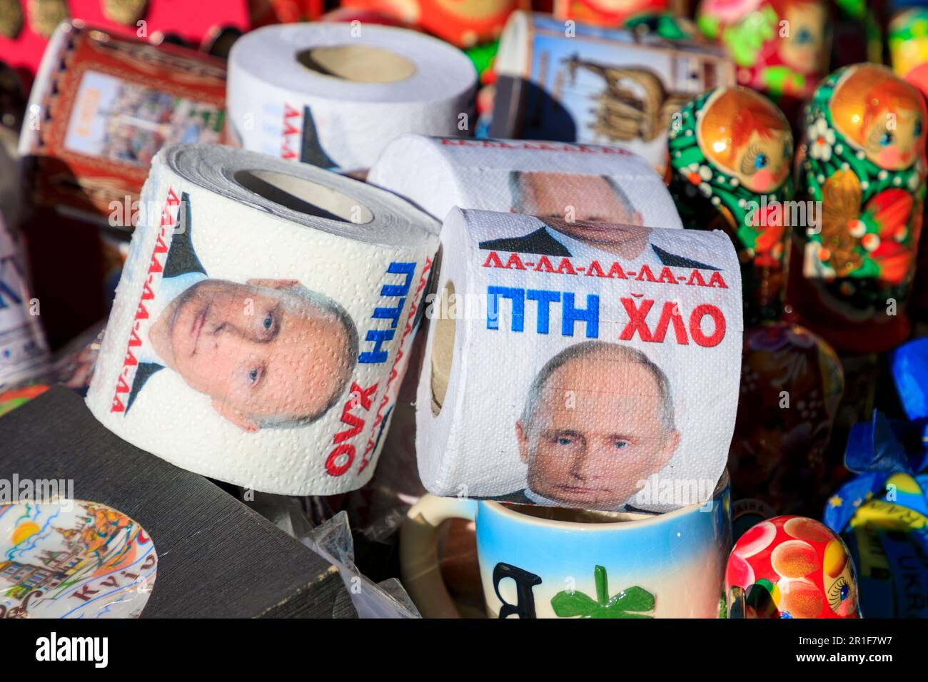 Eastern Europe,Ukraine, Kiev, Kyiv. Souvenier market, Putin toilet paper. Editorial Use Only. April 8, 2018. Stock Photo