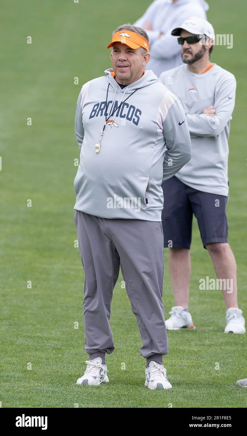 Denver Broncos head coach Sean Payton lookson as players warm up