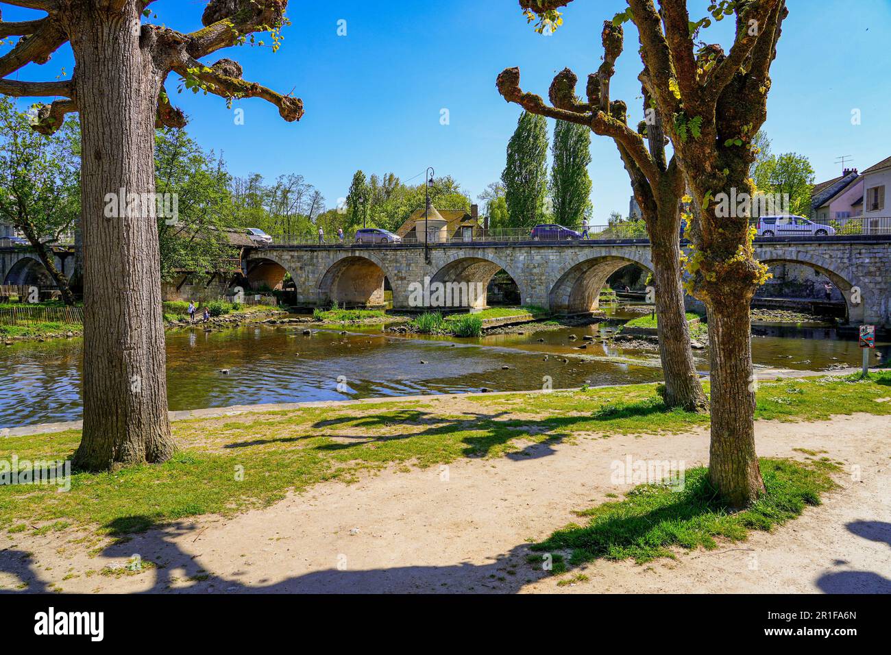 Stone bridge entering the medieval town of Moret-sur-Loing in Seine et Marne, France Stock Photo