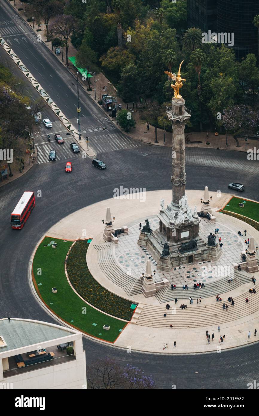 Aerial view of the Angel of Independence statue on Av. Paseo de la Reforma in Mexico City, Mexico Stock Photo
