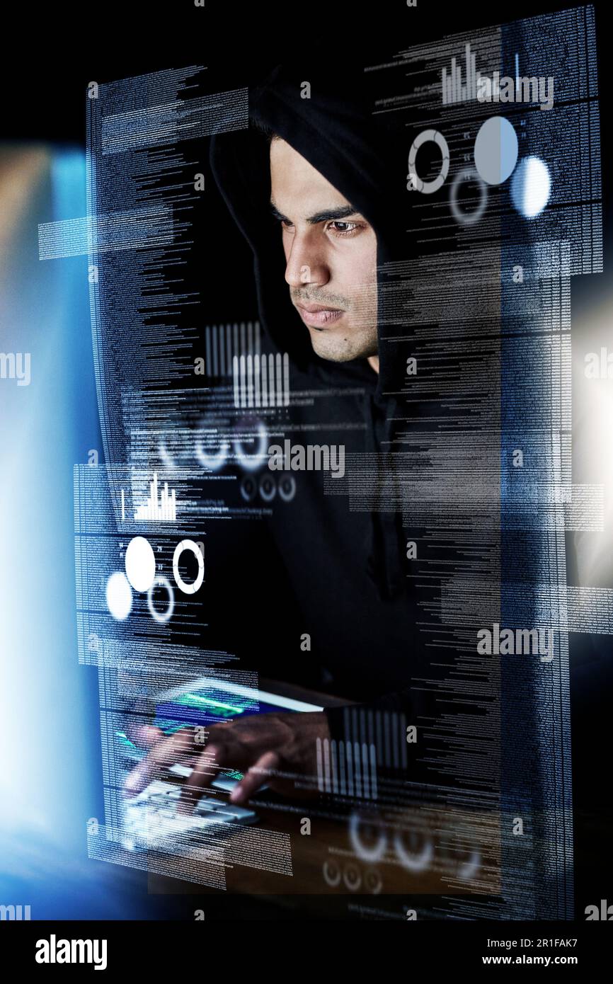 Computer, digital overlay and man, hacker or programmer for night hacking, programming or fintech app crime. Software coding, information technology Stock Photo