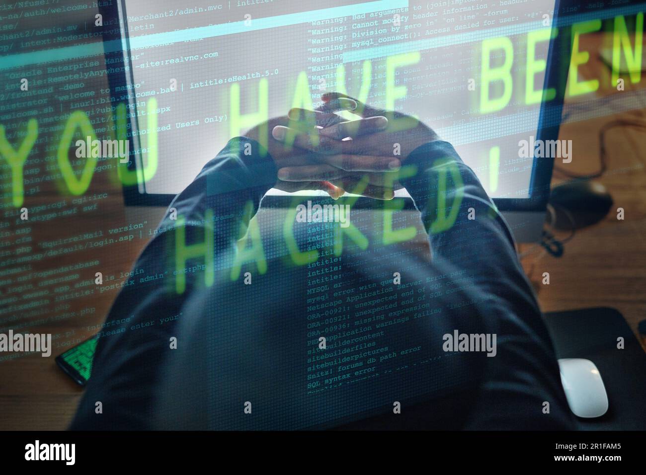 Hacker, man hands and computer screen for software hacking, coding or programming success at night in digital overlay. Code crack, information Stock Photo