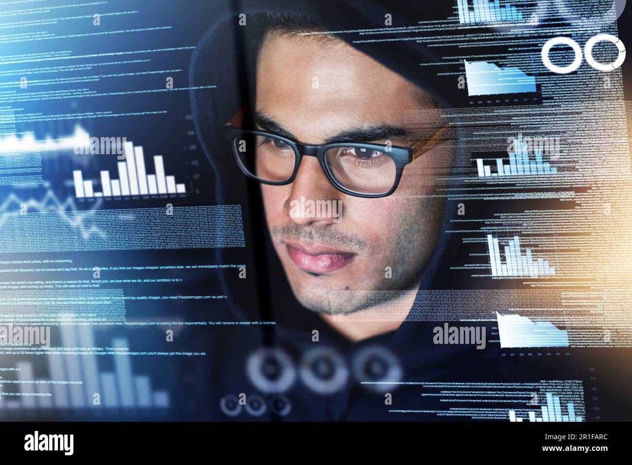 Data, digital overlay and man, hacker or programmer in night hacking, programming analysis or fintech crime. Software coding, information technology Stock Photo