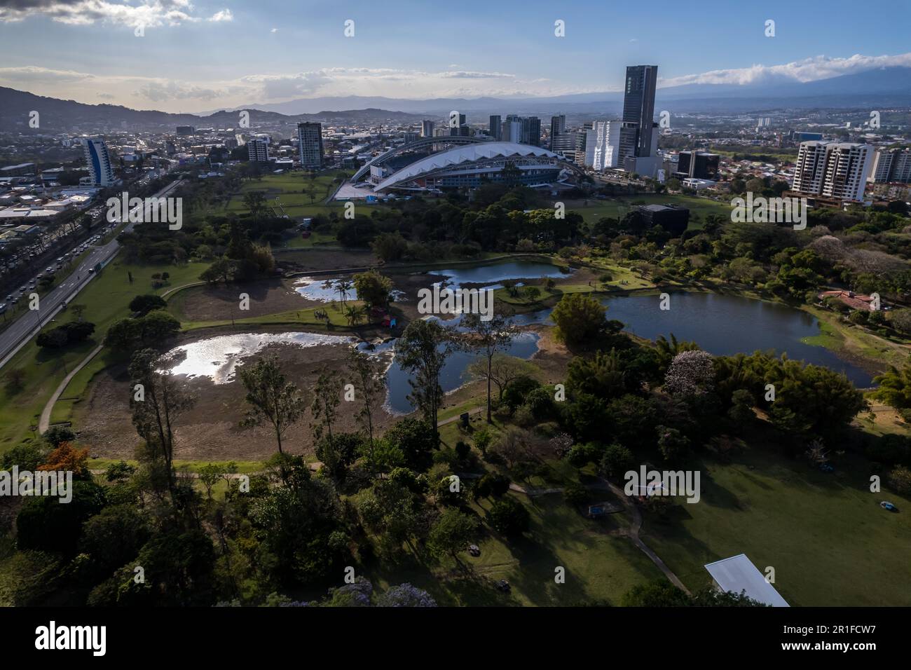 Beautiful aerial view of the Metropolitan Central Park La Sabana in Costa Rica, with side view of the national stadium Stock Photo