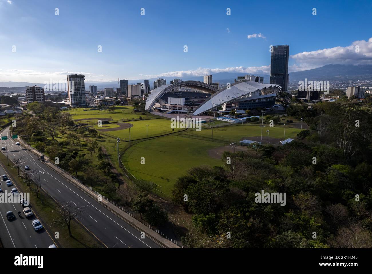 Beautiful aerial view of the Metropolitan Central Park La Sabana in Costa Rica, with side view of the national stadium Stock Photo