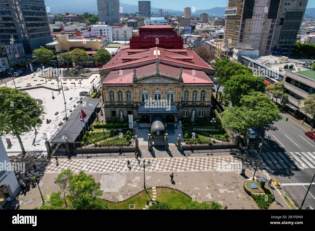 Beautiful aerial view of the National Theater of Costa Rica and Plaza de la Cultura Stock Photo