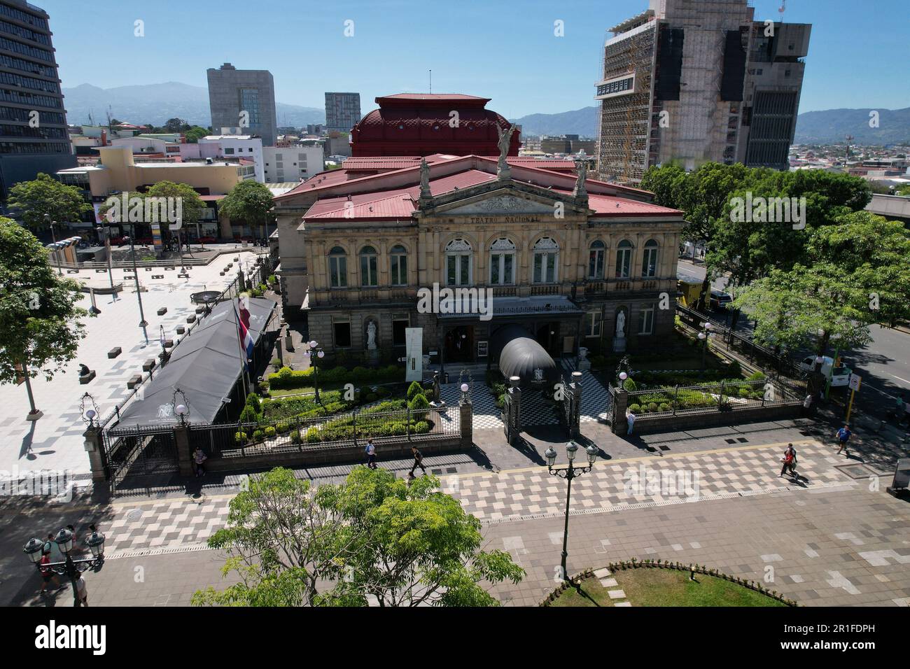 Beautiful aerial view of the National Theater of Costa Rica and Plaza de la Cultura Stock Photo