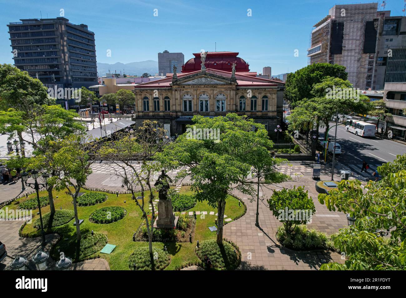 Beautiful aerial view of the National Theater of Costa Rica and Plaza de la Cultura Stock Photo