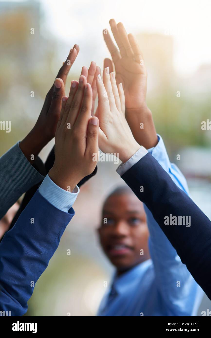 Business People, Hands And High Five For Teamwork, Success And Team 