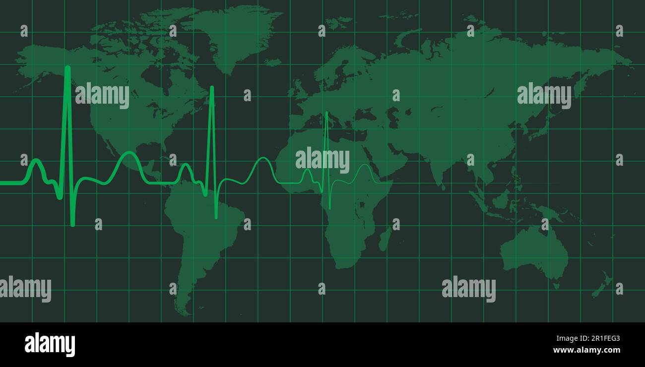 World map with cardio pulse vector concept of global change, crisis and 