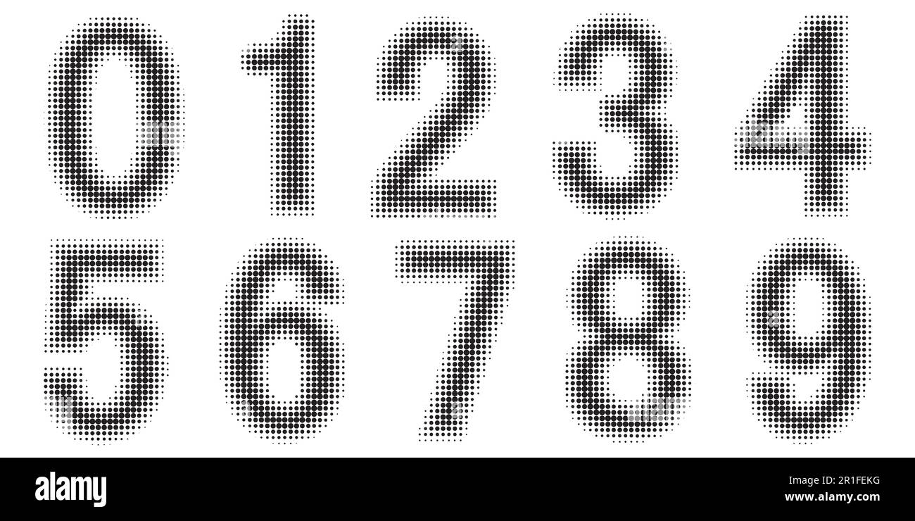 Halftone effect numbers. Dotted font vector. Dotted embossed numbers. Font Monochrome vector