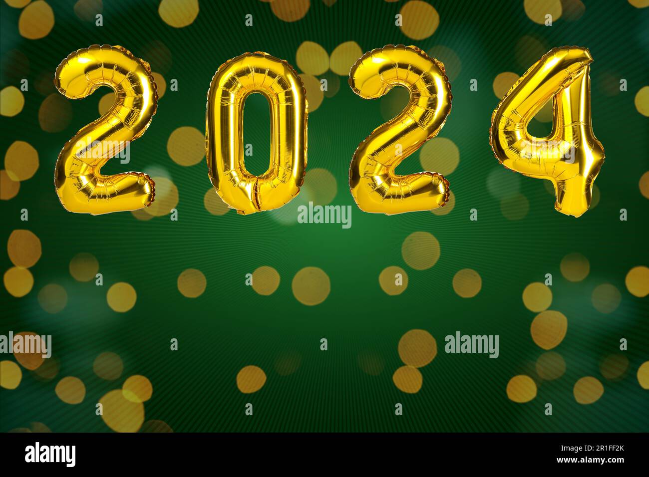 New Year 2024 celebration. Golden Yellow foil color balloons. 2024 balloons. On green background