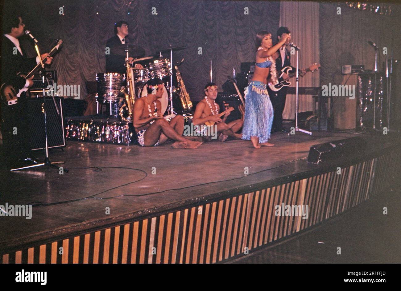 Band performing, ukulele players dressed in Hawaiian themed costumes