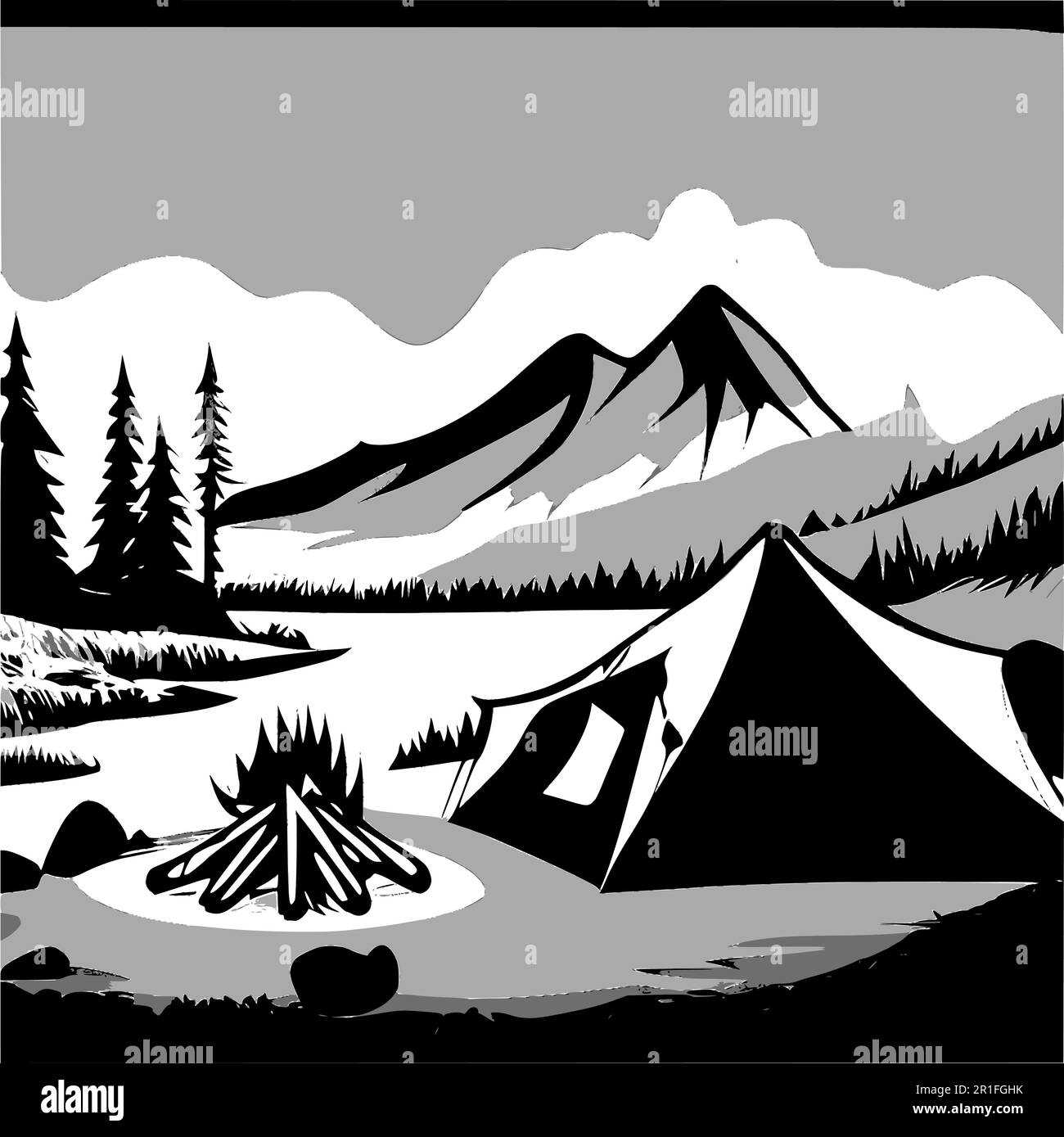 Outdoor activity vector background. Tent and campfire in the mountains. Stock Vector