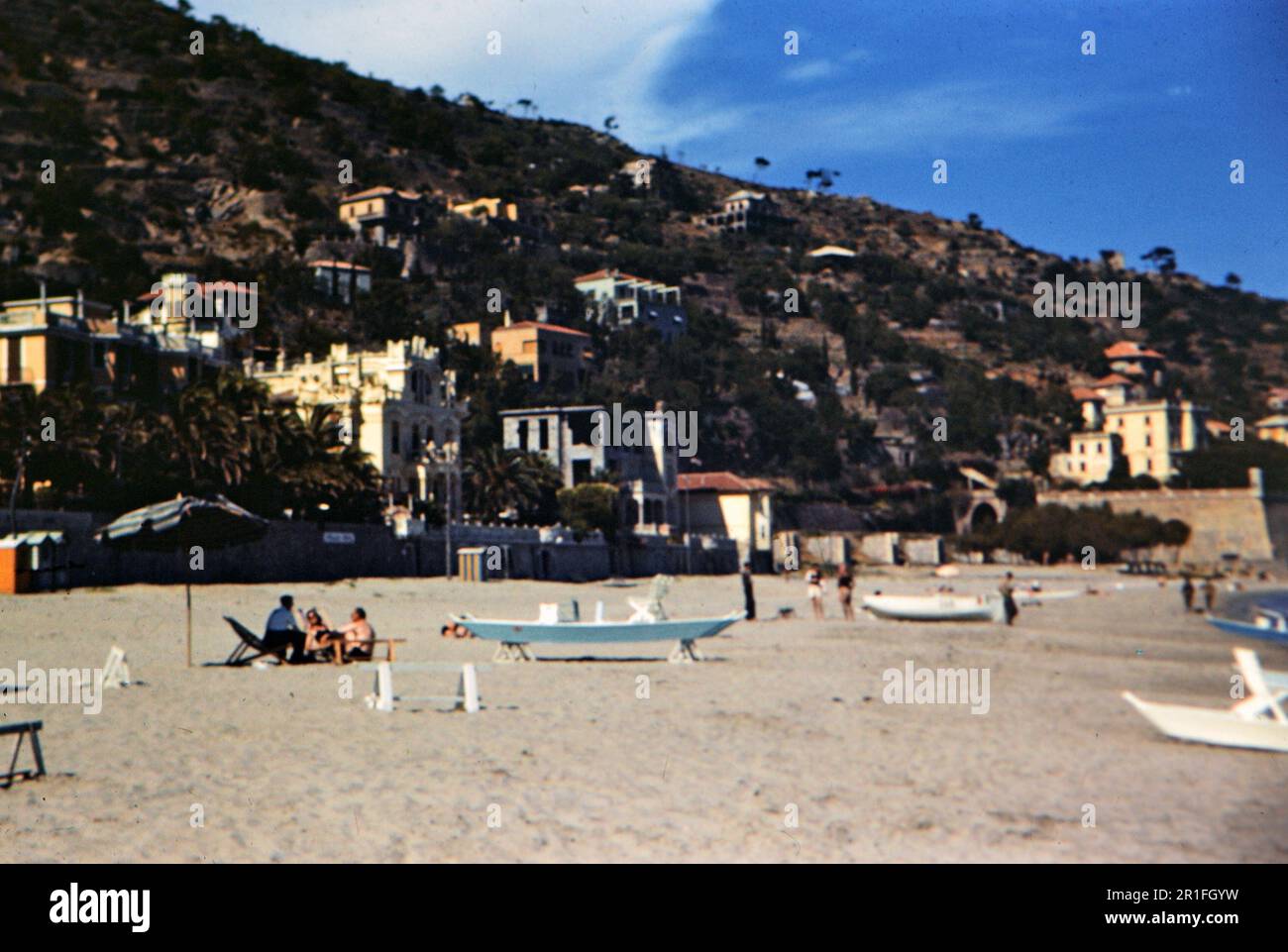 Beach scene on Italian Riviera ca. 1950-1955 Stock Photo