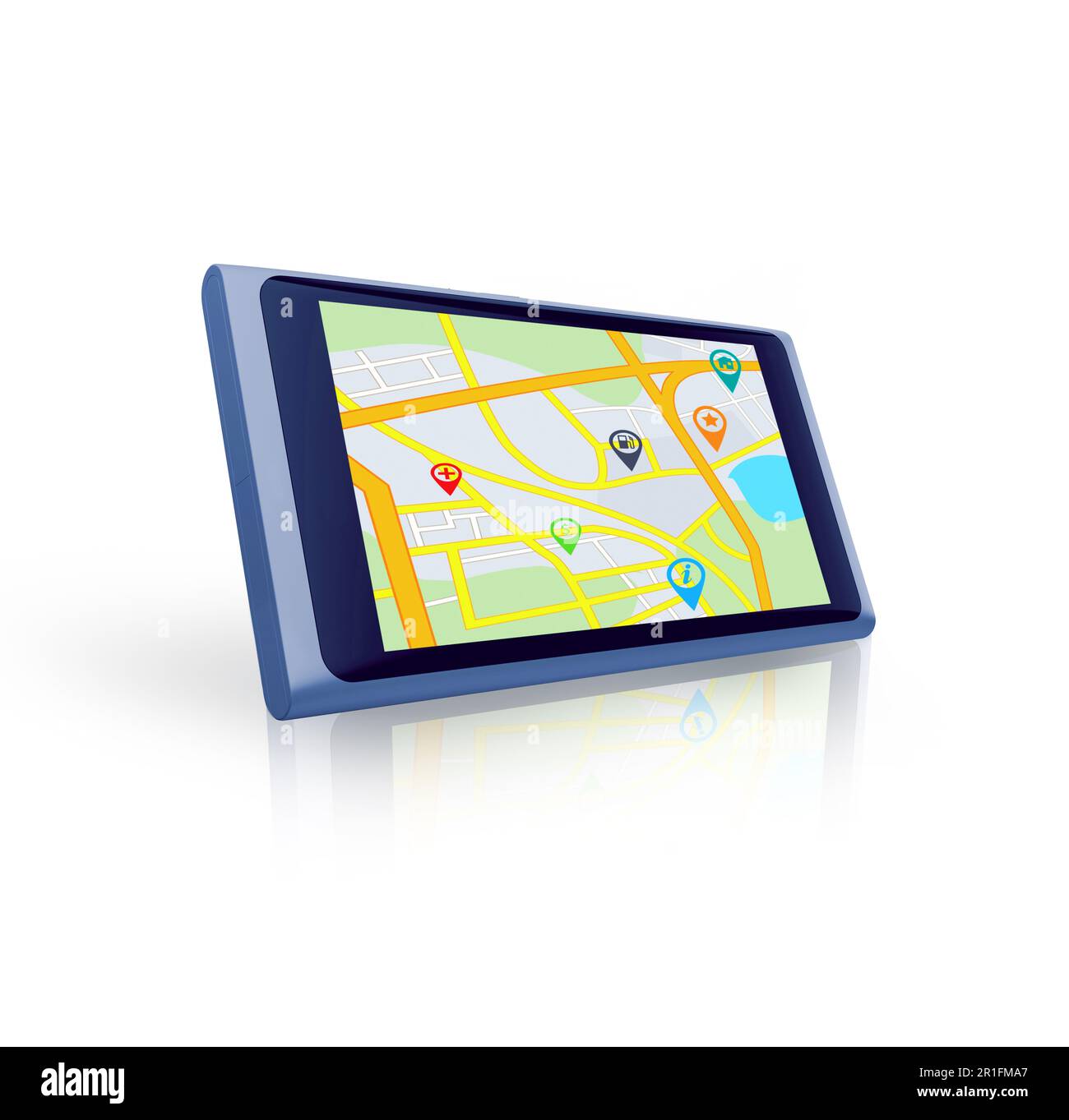 Tablet, search or location to travel on global digital road maps or