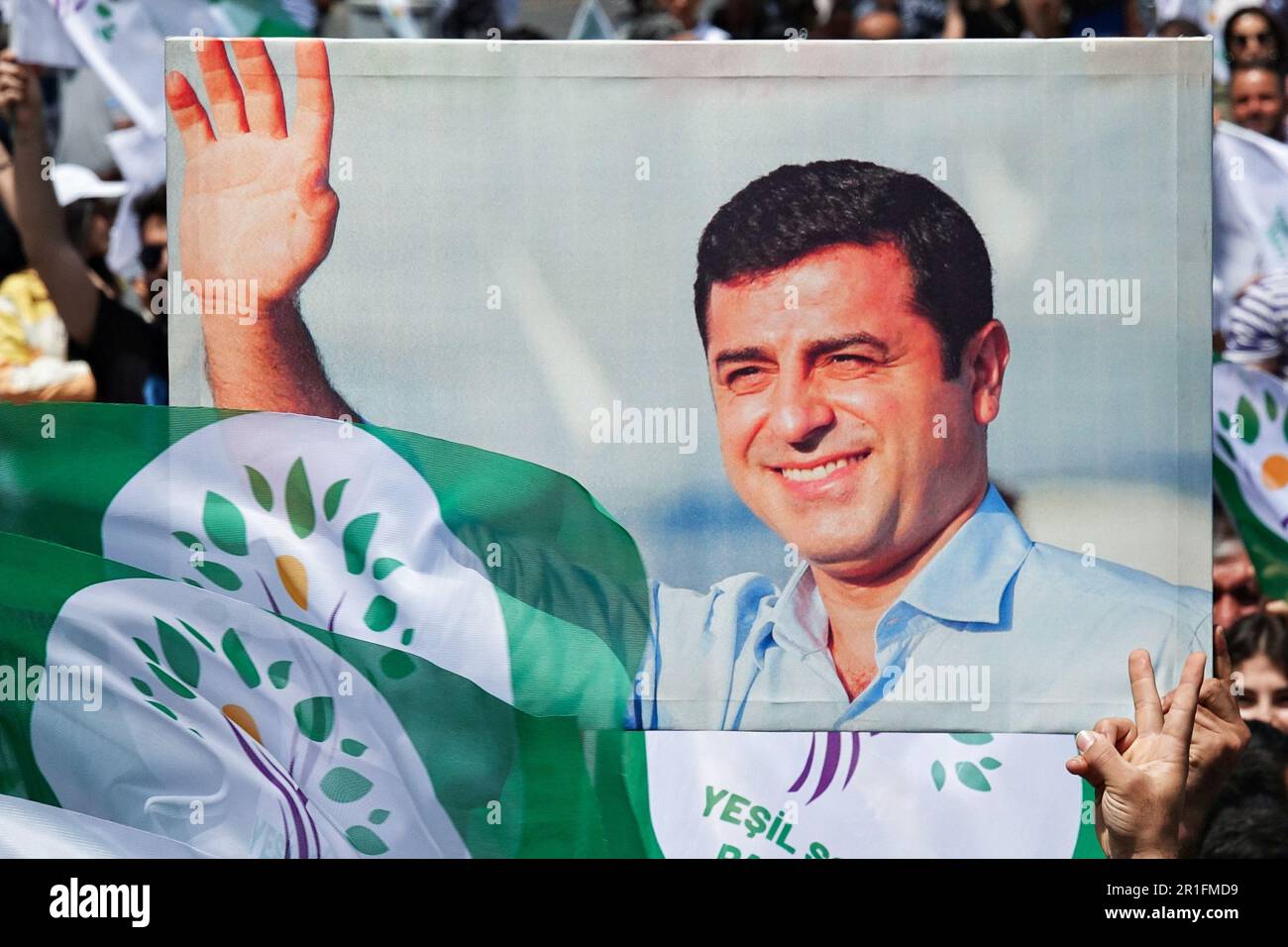 Diyarbakir, Turkey. 13th May, 2023. A poster of Selahattin Demirtas, the former Co-Leader of the Peoples' Democratic Party (HDP), who has been held in prison in Turkey for 7 years, seen during the rally. The Green Left Party (YPS), supported by a large part of the Kurdish opposition in the elections in Turkey, held its final rally in Diyarbakir, on Station Square with the participation of thousands of people. Credit: SOPA Images Limited/Alamy Live News Stock Photo
