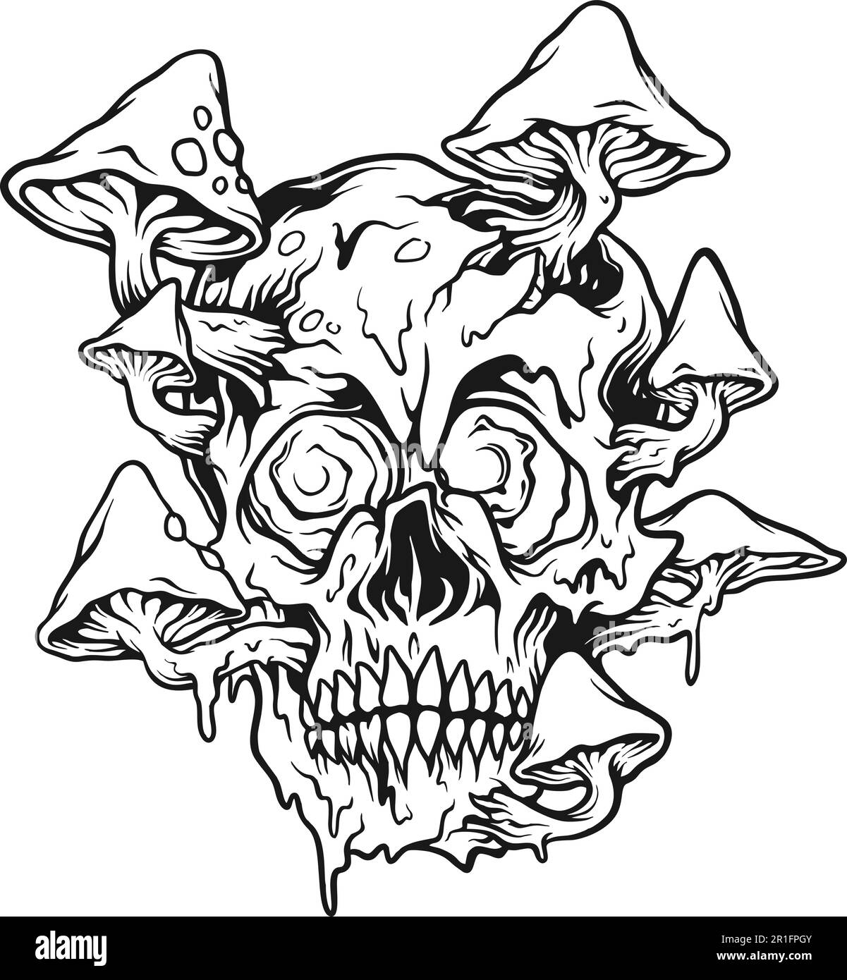 Psychedelic trippy mushrooms zombie monster skull head logo illustrations monochrome vector illustrations for your work logo, merchandise t-shirt, sti Stock Vector