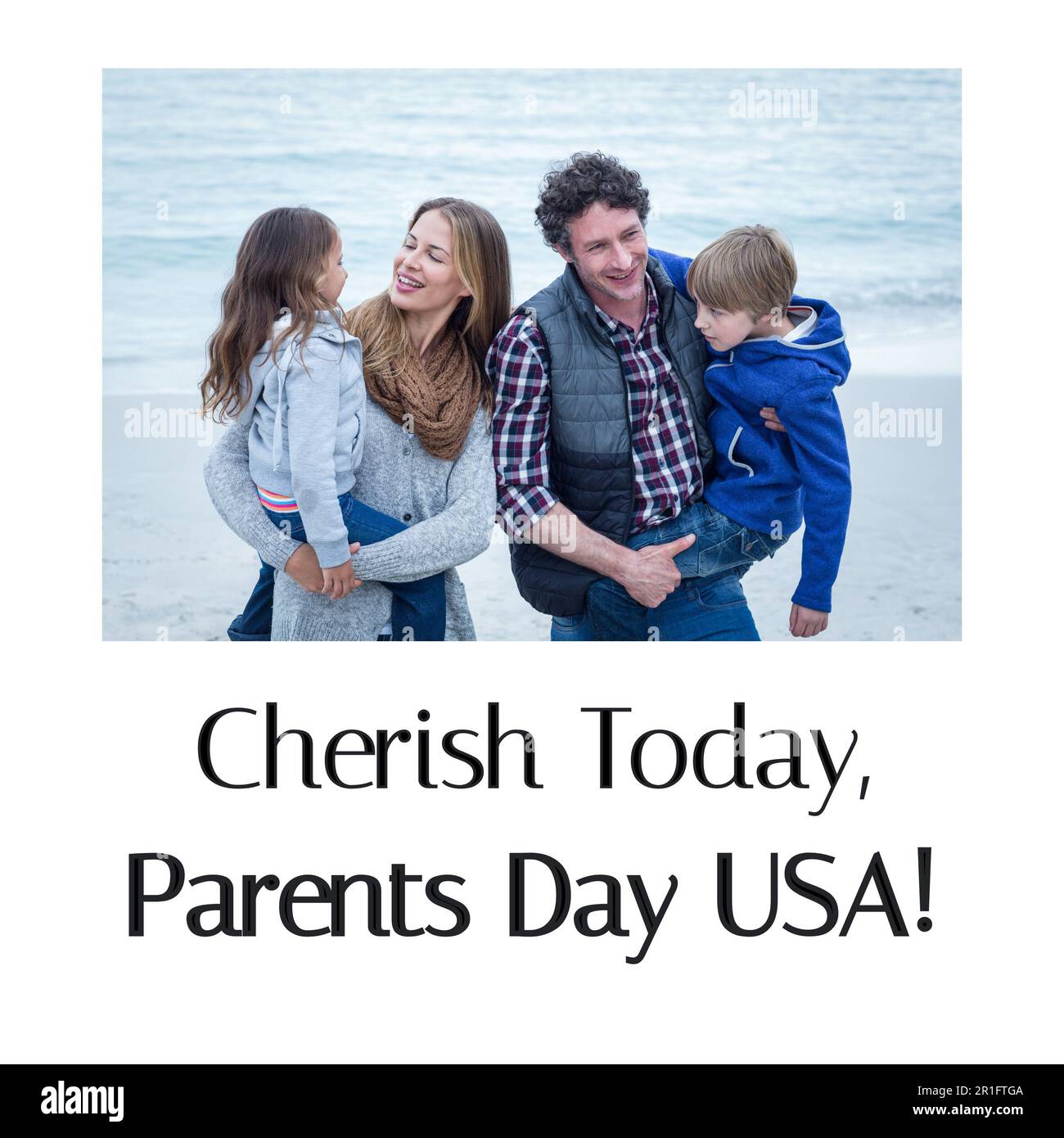 Composition of happy parents day text over happy caucasian family at beach Stock Photo