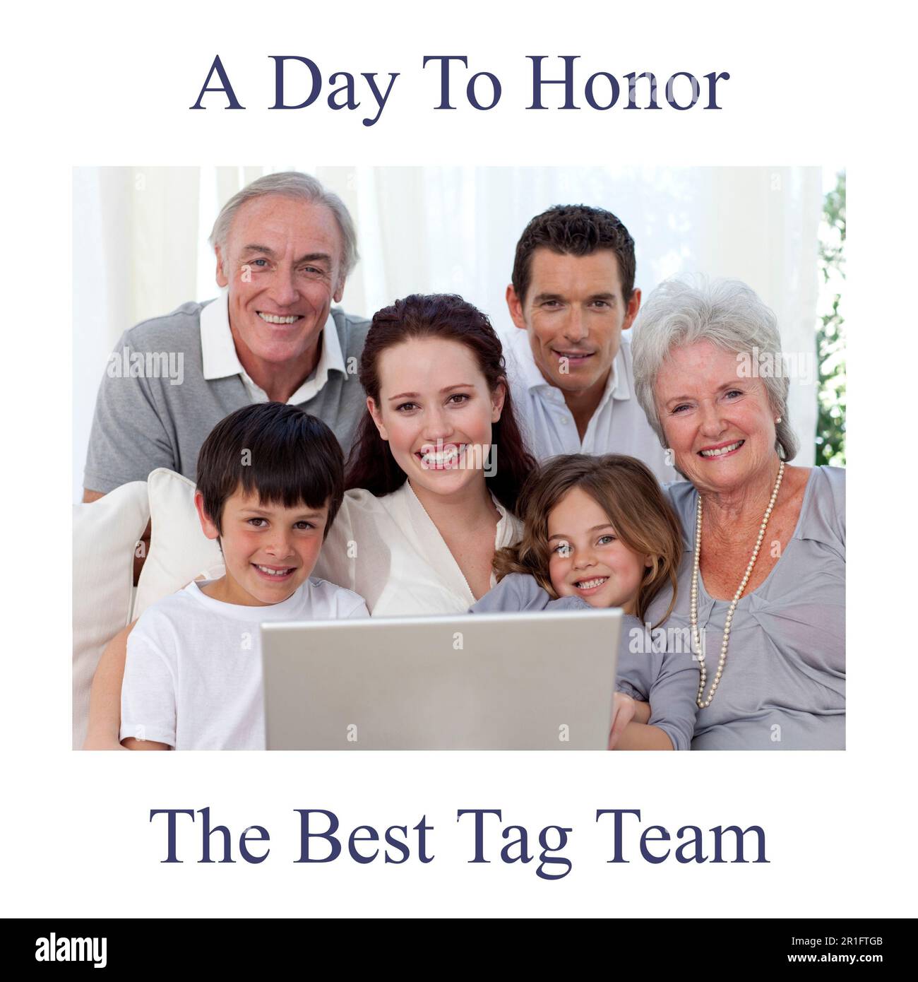 Composition of happy parents day text over happy caucasian family with laptop Stock Photo