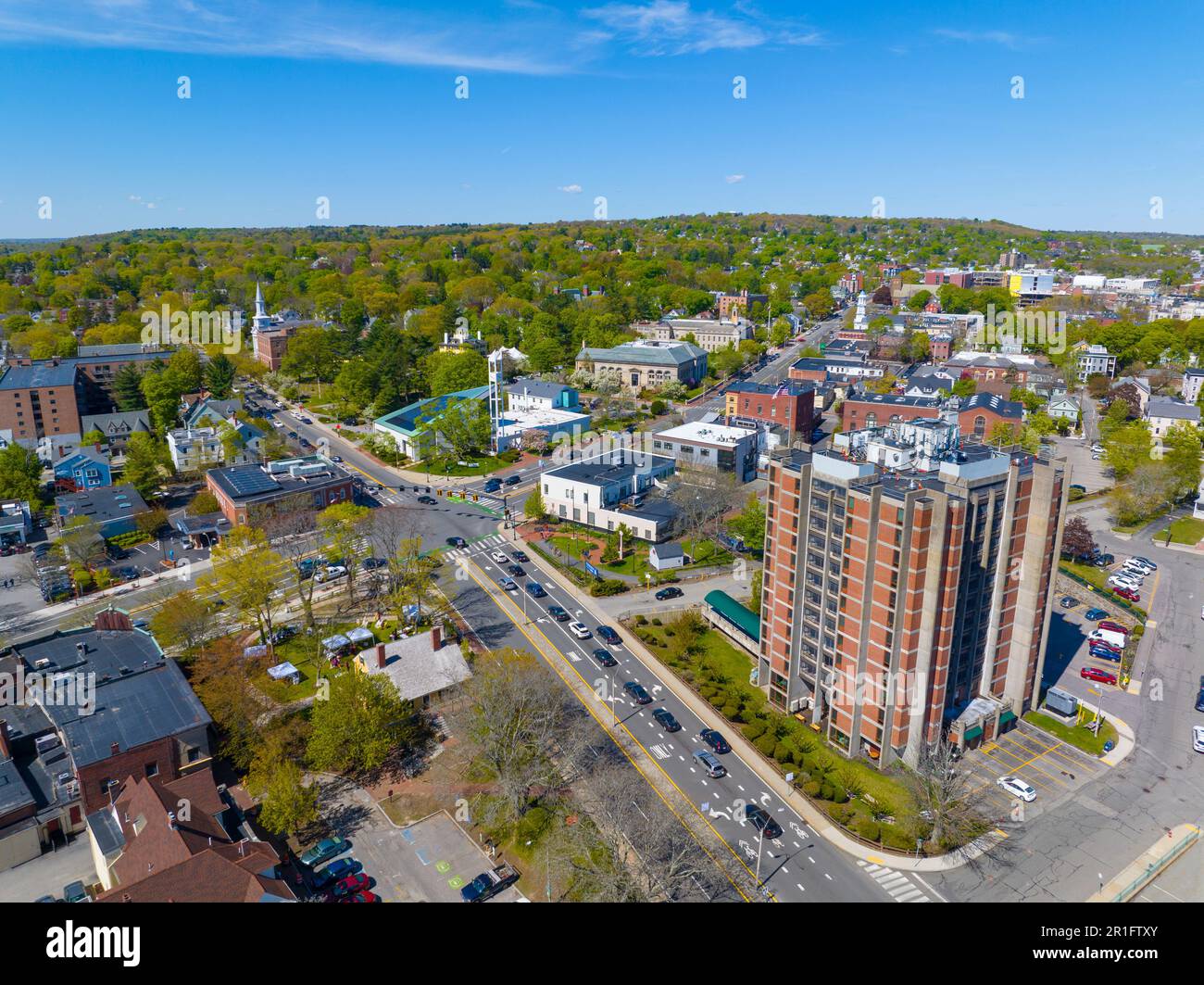 Winslow Towers and historic residential houses in spring in historic